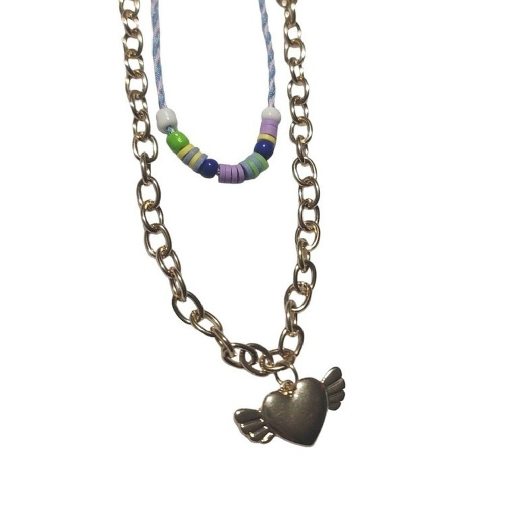 BP Layered Chain Necklace Beaded Gold Tone Heart Wings Boho